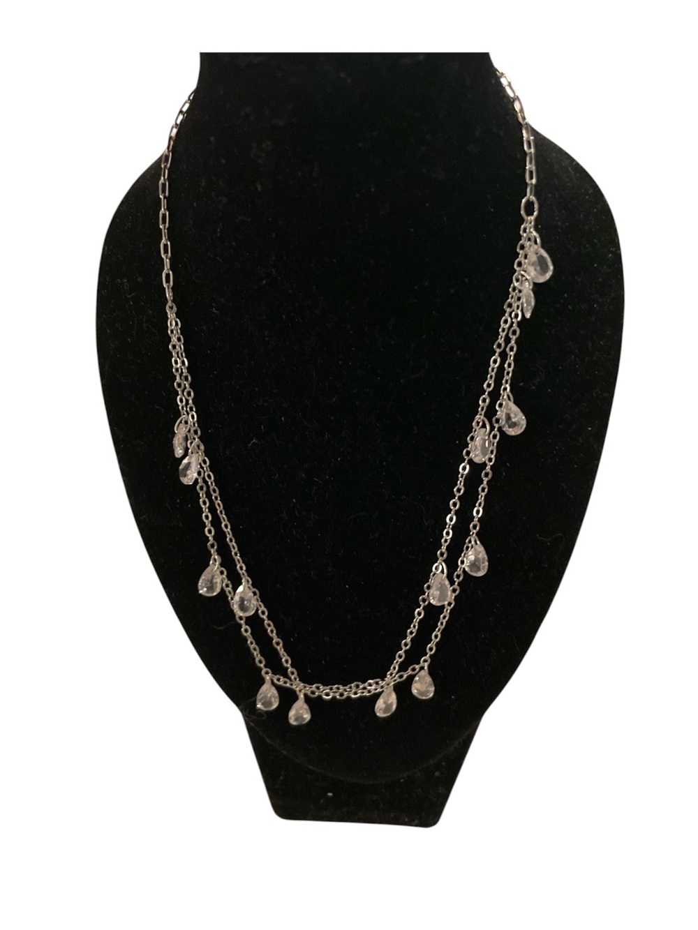 Anthropologie Silver Layered Necklace with Clear Teardrop Crystals